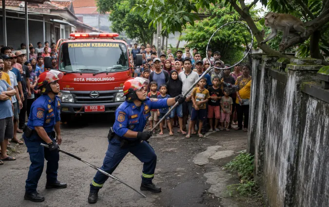 Warga Kanigaran Kota Probolinggo Resah! Monyet Liar Kabur Saat Dievakuasi Damkar